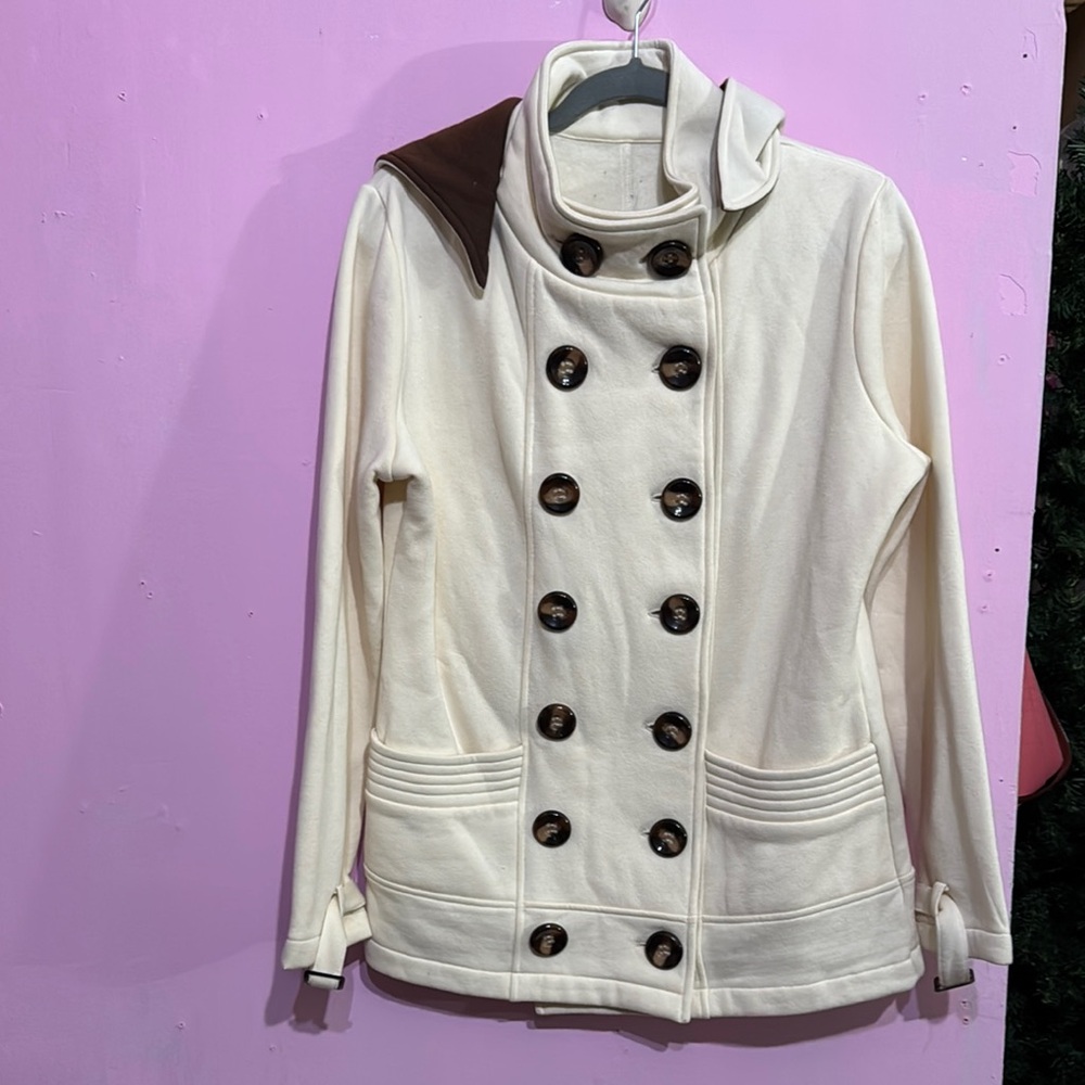 Tasha Polizzi Cream and Brown Pea Coat Double-Breasted